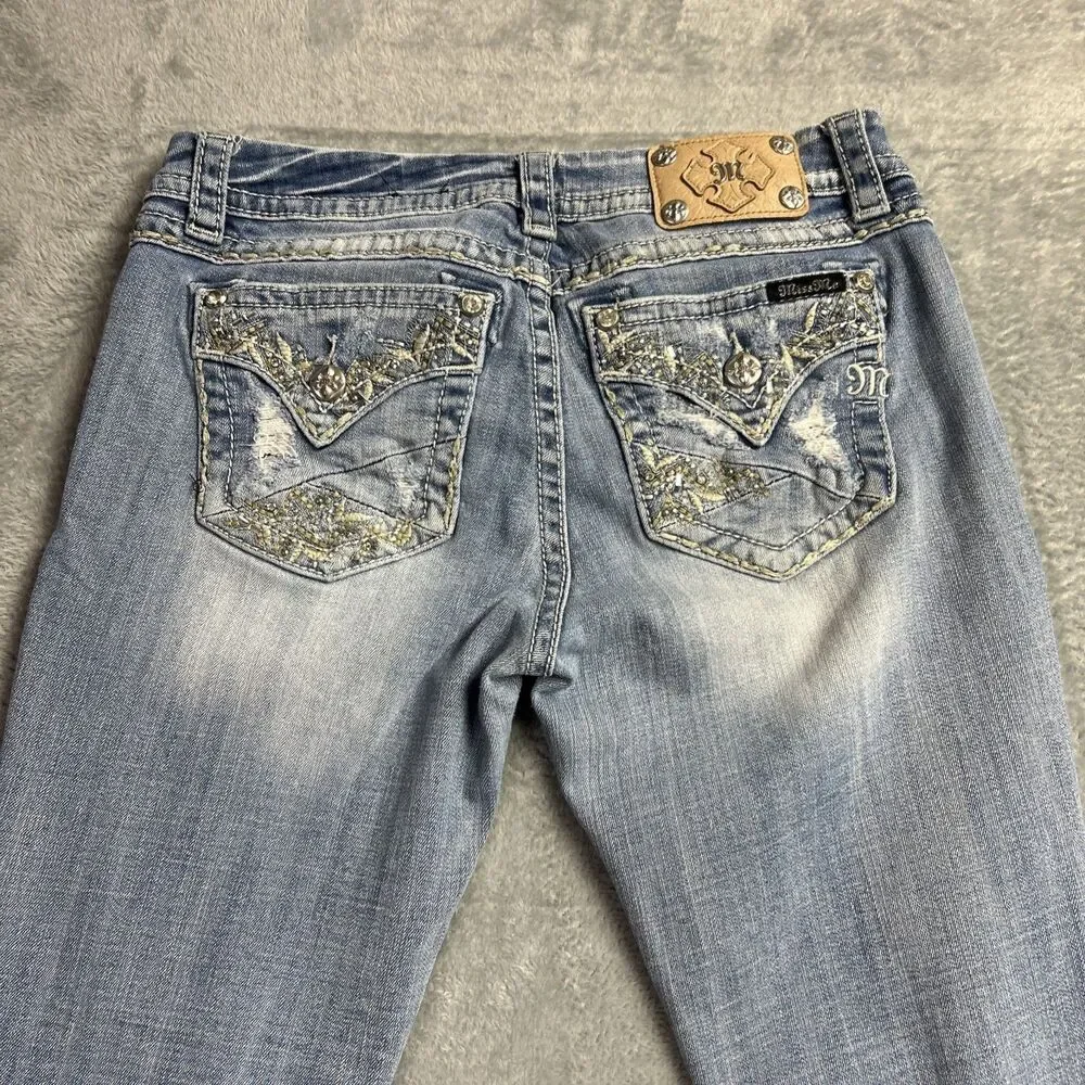 Miss Me Womens Jeans Mid Rise Easy Bootcut Embroidered Pocket Sz. 28 Distressed